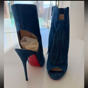 Christian Louboutin Blue Suede Fringe Ankle Booties, Peep Toe, Worn Once